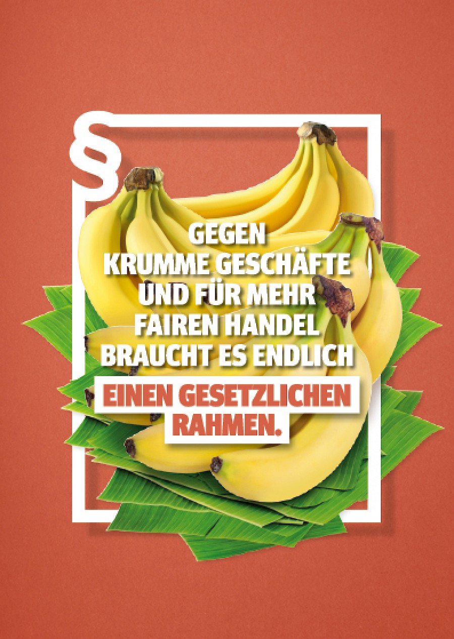 Plakat zum Lieferkettengesetz, gelbe Bananen auf rotem Grund