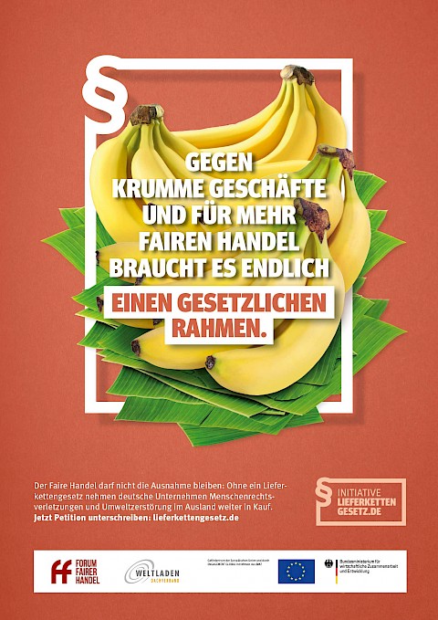 Plakat zum Weltladentag 2020 "Gegen krumme Geschäfte und für mehr Fairen Handel braucht es endlich einen gesetzlichen Rahmen" von Weltladen-Dachverband und Forum Fairer Handel